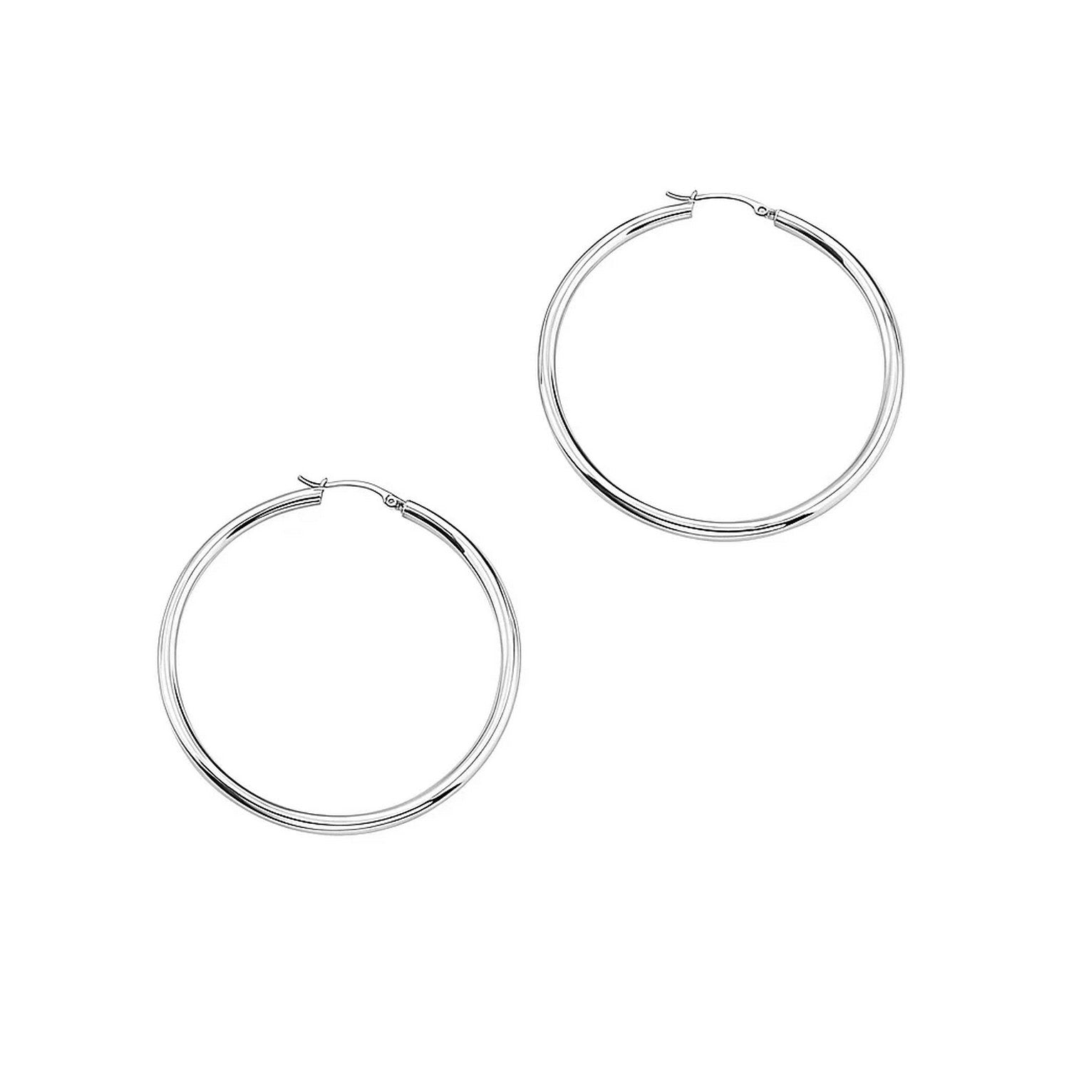 14k White Gold Polished Hoop Earrings (1.5x30mm) in a sleek high-contrast midnight luxury editorial style